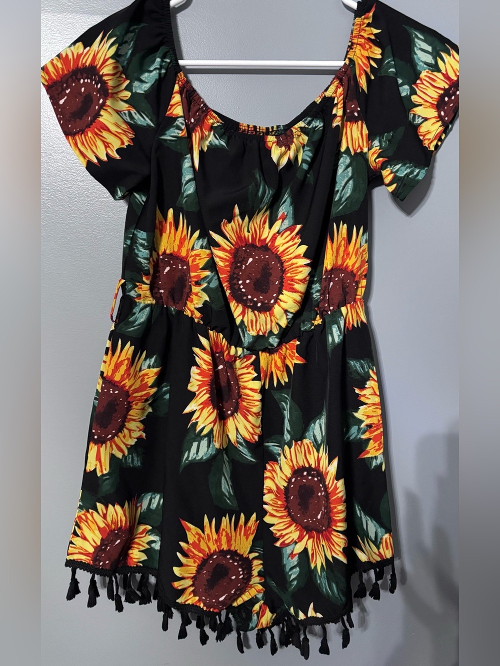 Girls Black Sunflower Print Summer Off The Shoulder Romper